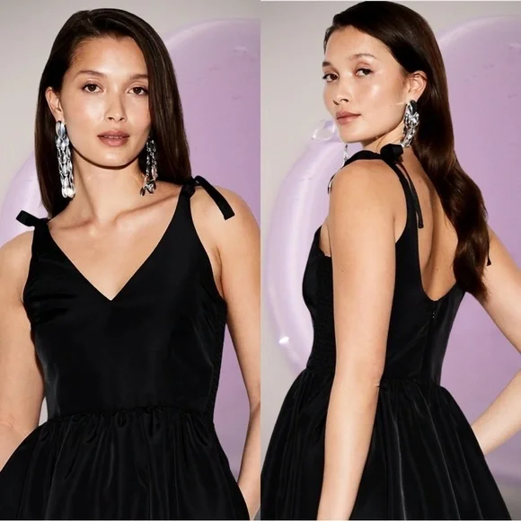 NWTS💓OCCASION OLD NAVY L💓BLACK TAFFETA FIT & FLARE SEING DRESS BACK ZIP & BOWS - Picture 2 of 16